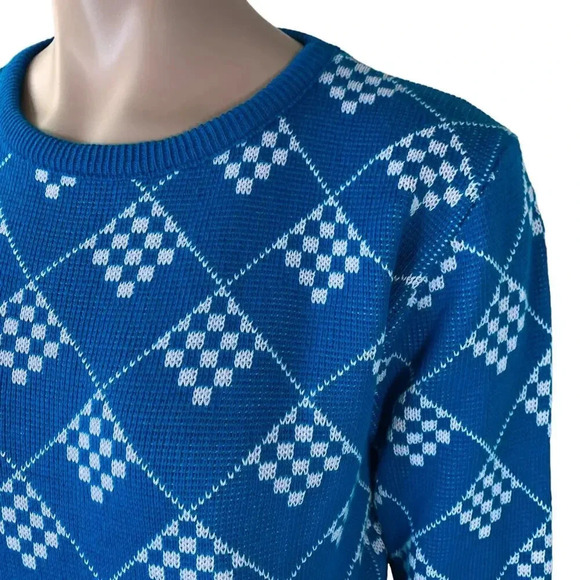 Prime Connection Vintage 80s Geometric Crewneck Knit Sweater Size M Blue White - Picture 5 of 16
